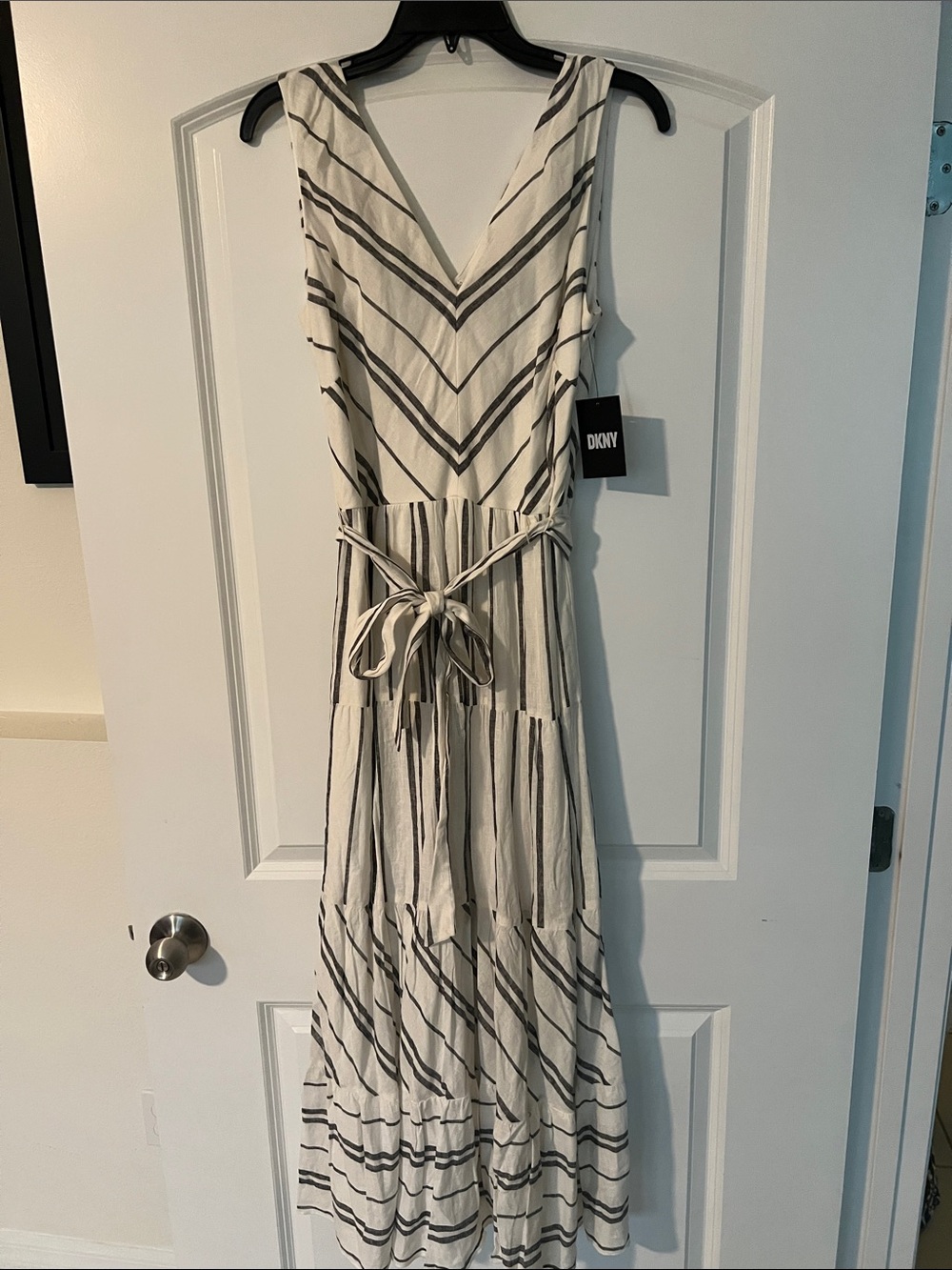 DKNY Cream and Black Striped V-Neck Maxi Dress